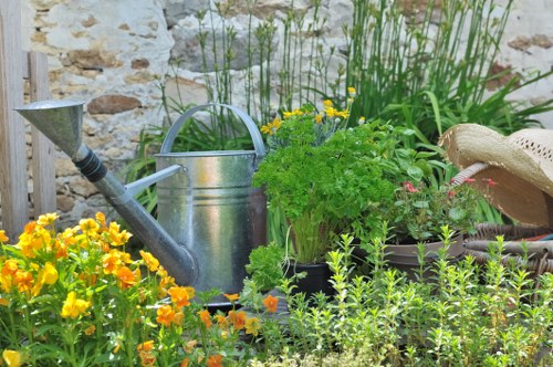 A vibrant garden scene featuring a variety of lush green plants and flowers, with bright yellow and orange blossoms in the foreground. Behind the flowering plants, there are taller green grasses and foliage, along with a weathered stone wall serving as the backdrop. In the middle ground, a metal watering can with a long spout and handle is placed among the plants, indicating gardening activity. To the right, a straw hat rests on a plant pot, suggesting outdoor gardening work. The garden area appears well-maintained, with a mix of flowering and foliage plants, possibly part of a residential backyard in Bermondsey, London. The natural lighting suggests a sunny day, highlighting the vibrant colors and textures of the plants and garden tools, aligning with gardening and landscaping services offered by Hedge Trimming Bermondsey for local outdoor spaces.